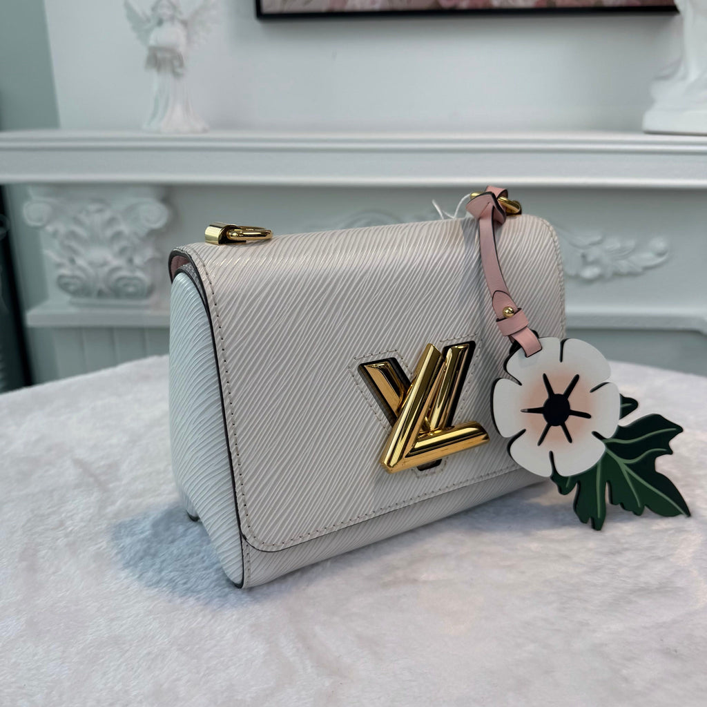【#276】Pre-owned Louis Vuitton Twist MM Bag Epi Leather in White with Gold-Tone Hardware & Floral Bag Charm