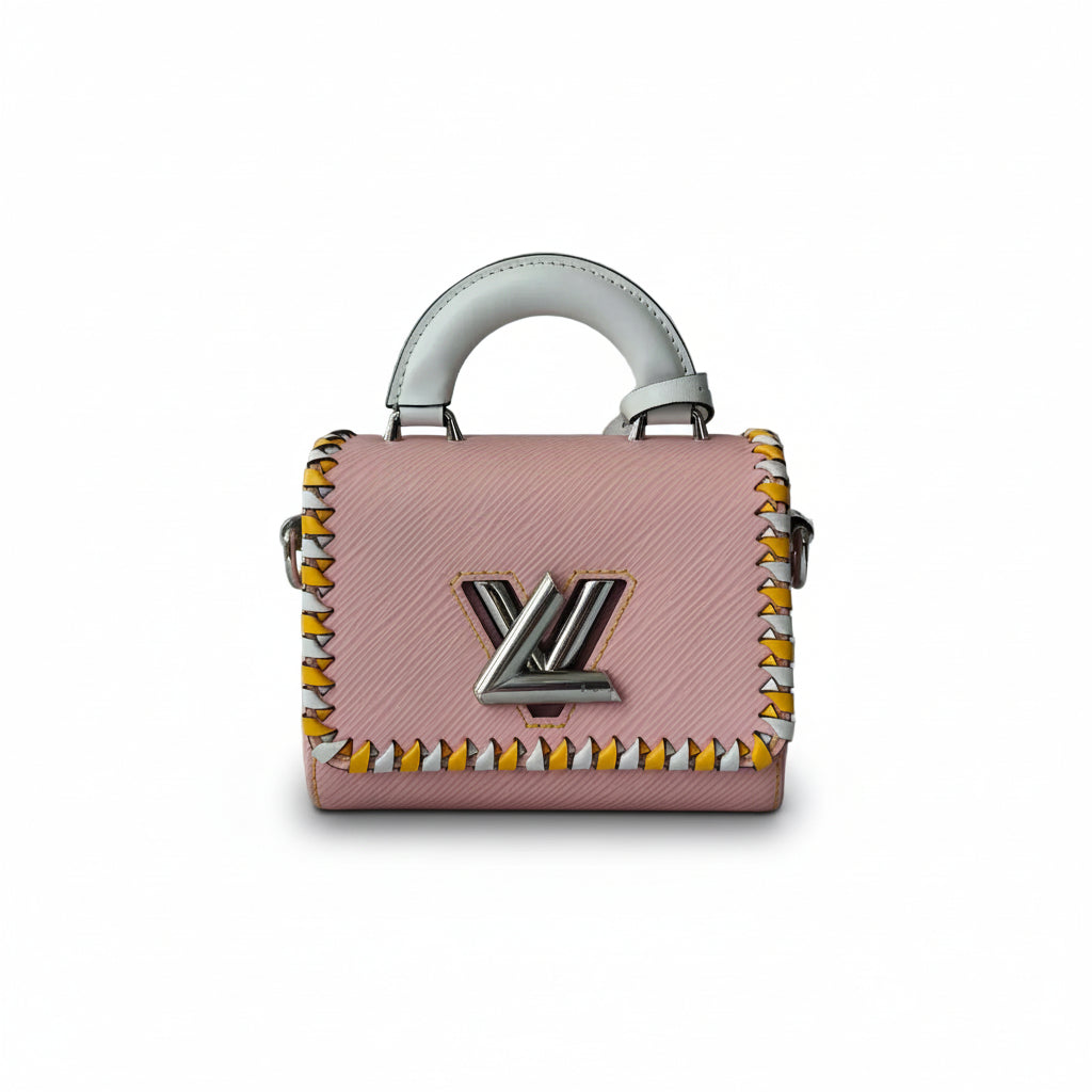 【#293】Pre-owned Louis Vuitton Twist Mini Box Bag Epi Leather in Rose Pink with Yellow-White Braided Trim & Silver-Tone Hardware