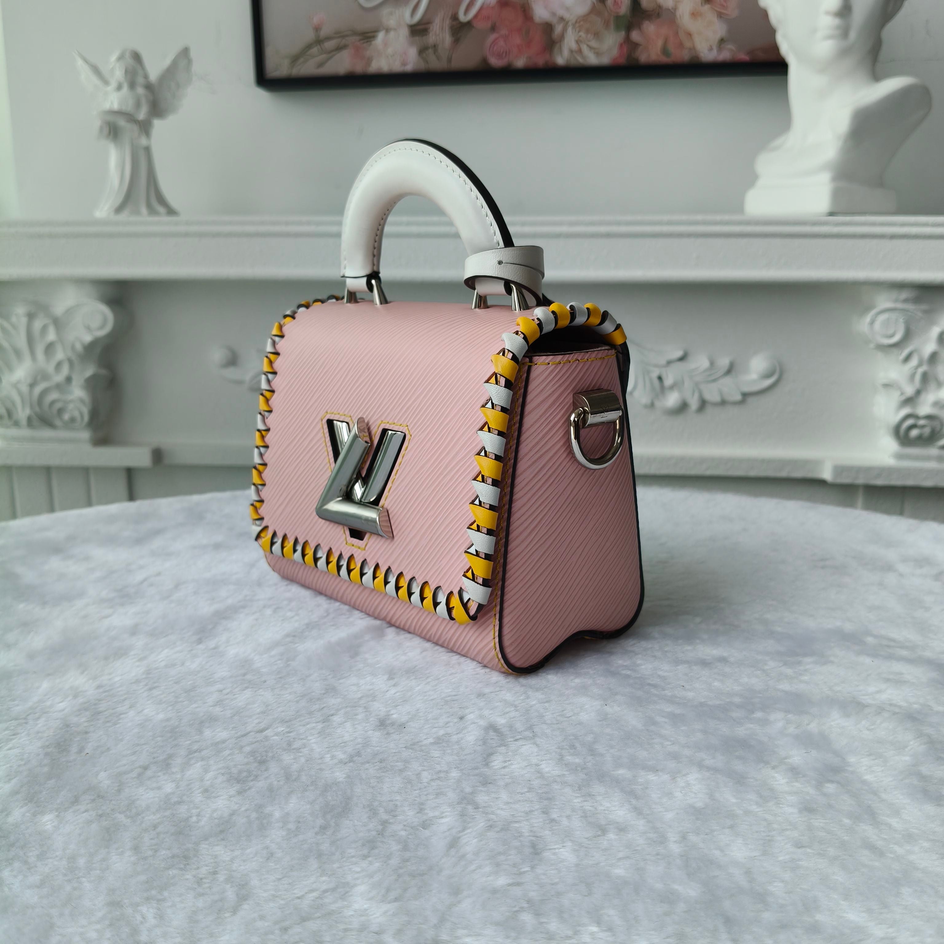 【#293】Pre-owned Louis Vuitton Twist Mini Box Bag Epi Leather in Rose Pink with Yellow-White Braided Trim & Silver-Tone Hardware