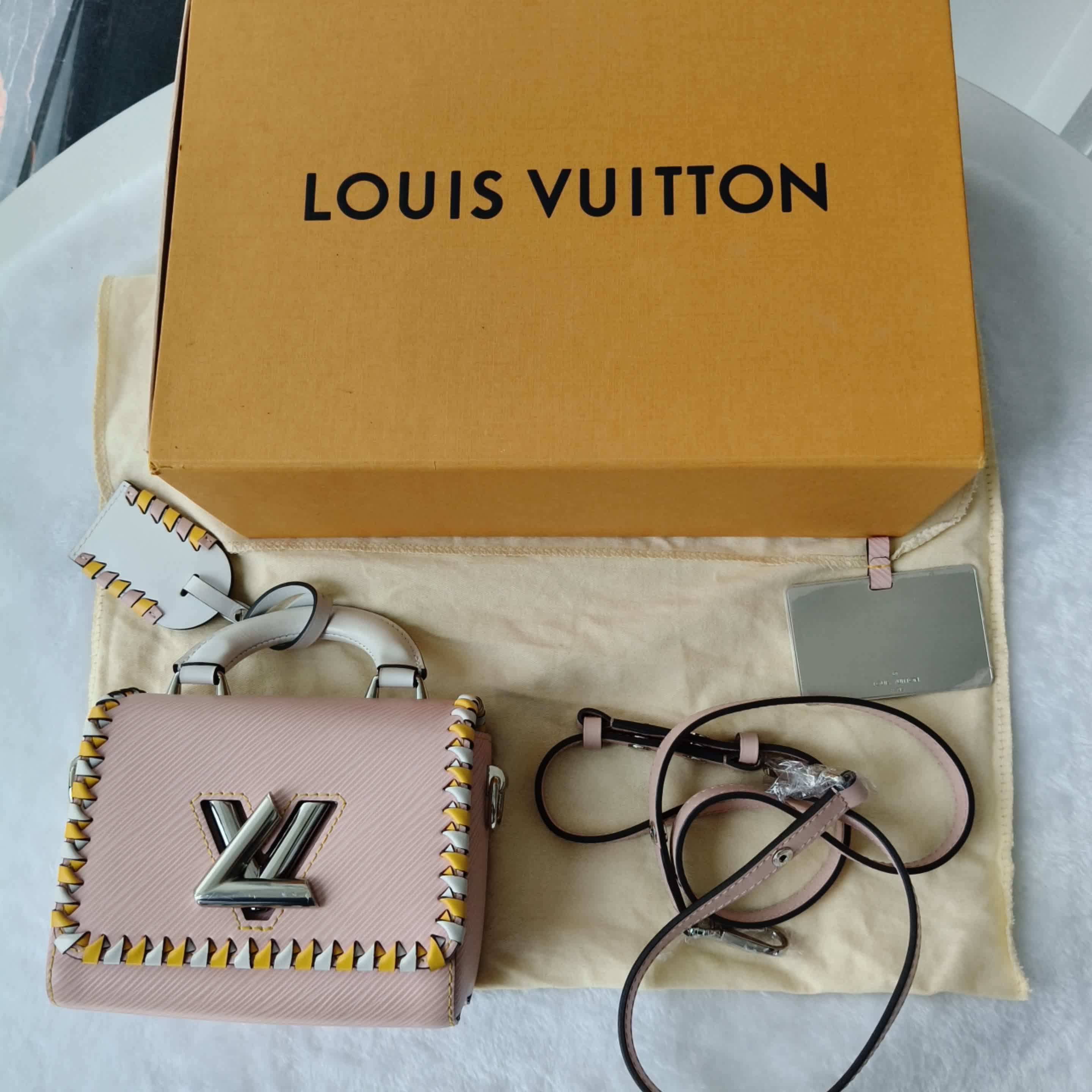 【#293】Pre-owned Louis Vuitton Twist Mini Box Bag Epi Leather in Rose Pink with Yellow-White Braided Trim & Silver-Tone Hardware