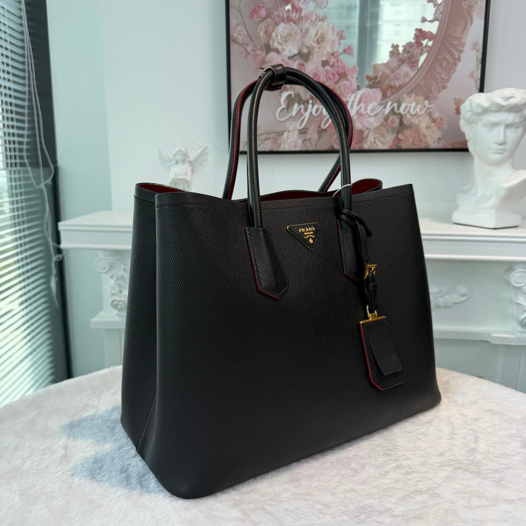【#275】Pre-owned Prada Large Open Tote Bag Saffiano Leather in Black with Contrast Red Lining