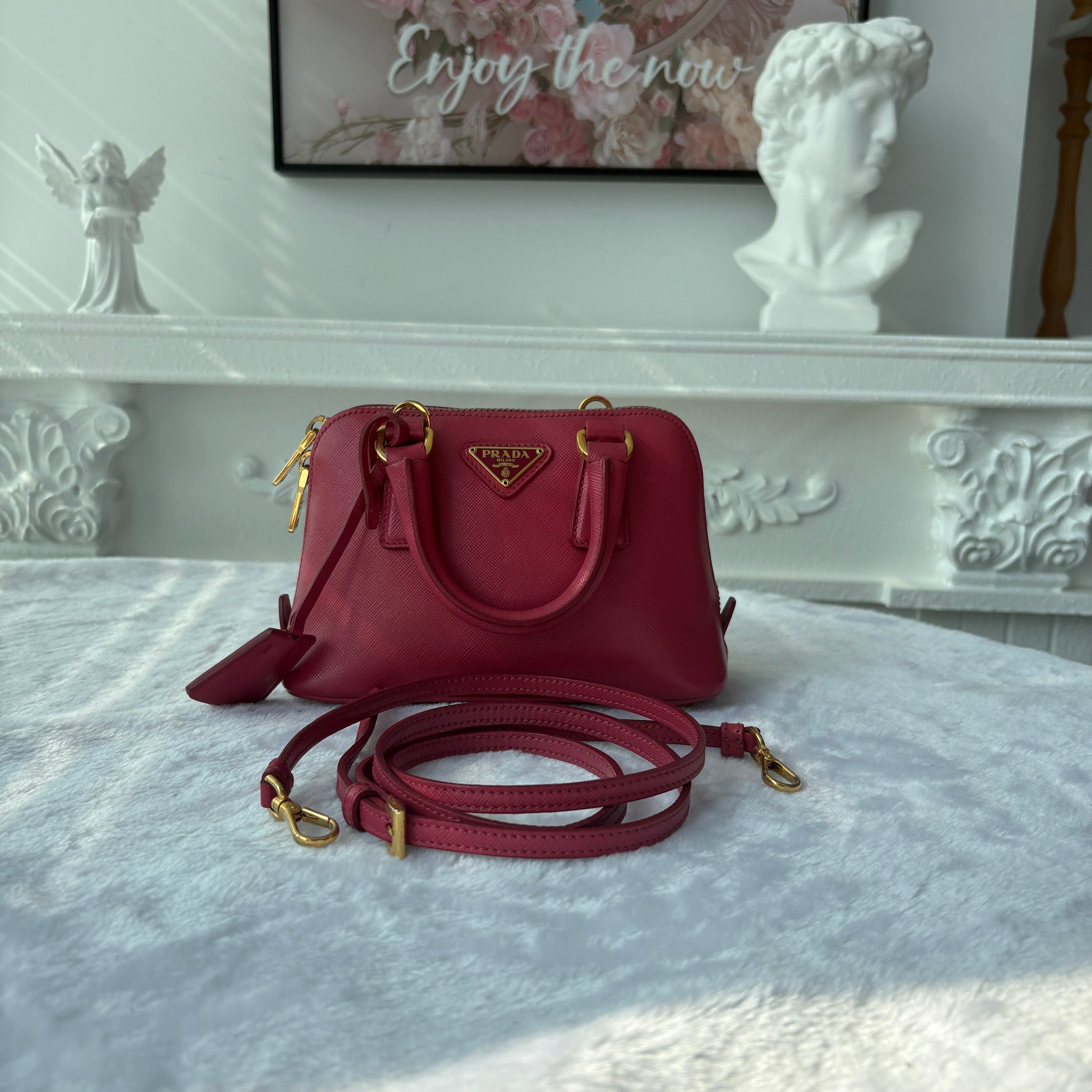 【#166】Pre-owned PRADA Promenade Mini Vibrant Pink Saffiano Leather Gold Hardware Shoulder Bag HZ260124&&