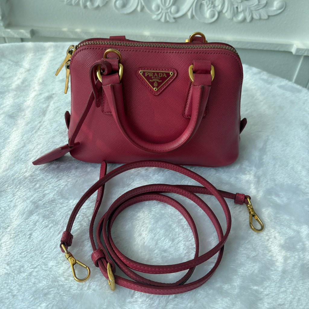 【#166】Pre-owned PRADA Promenade Mini Vibrant Pink Saffiano Leather Gold Hardware Shoulder Bag HZ260124&&