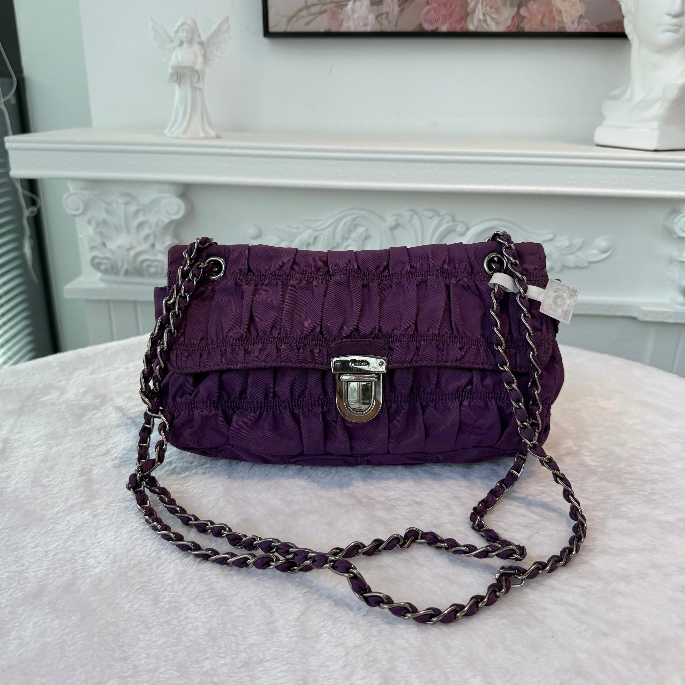 【#278】Pre-owned Prada Ruched Nylon Chain Shoulder Bag in Deep Purple with Silver-Tone Hardware