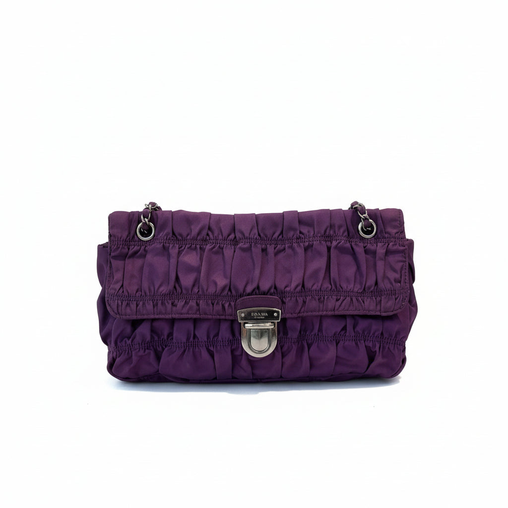 【#278】Pre-owned Prada Ruched Nylon Chain Shoulder Bag in Deep Purple with Silver-Tone Hardware