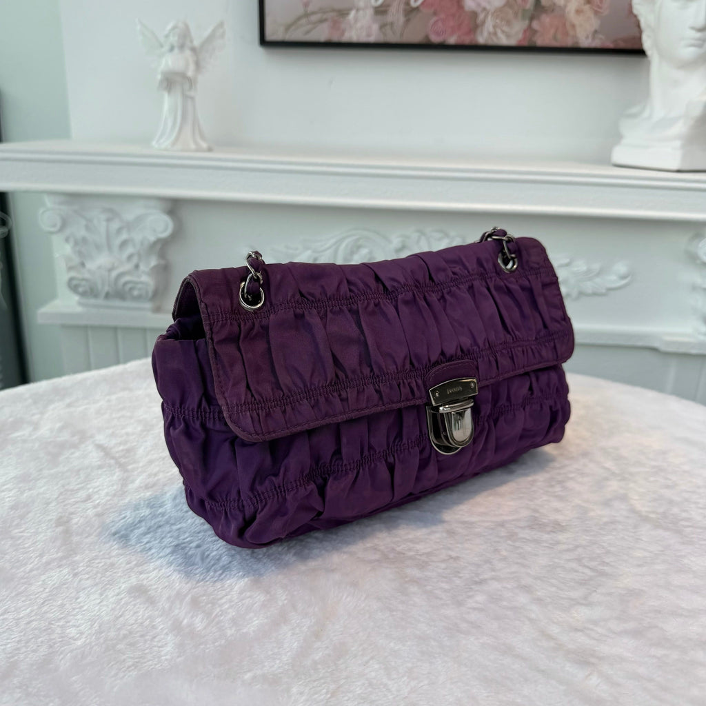 【#278】Pre-owned Prada Ruched Nylon Chain Shoulder Bag in Deep Purple with Silver-Tone Hardware