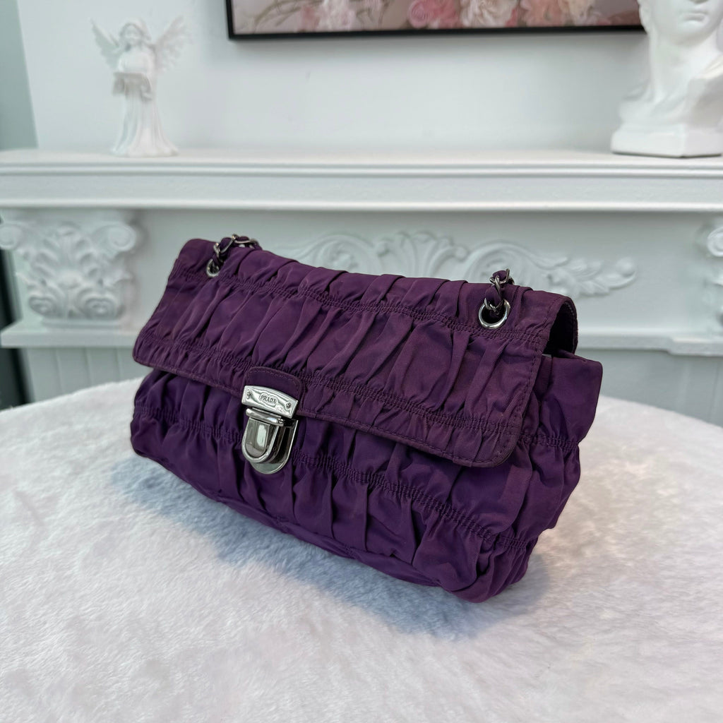 【#278】Pre-owned Prada Ruched Nylon Chain Shoulder Bag in Deep Purple with Silver-Tone Hardware