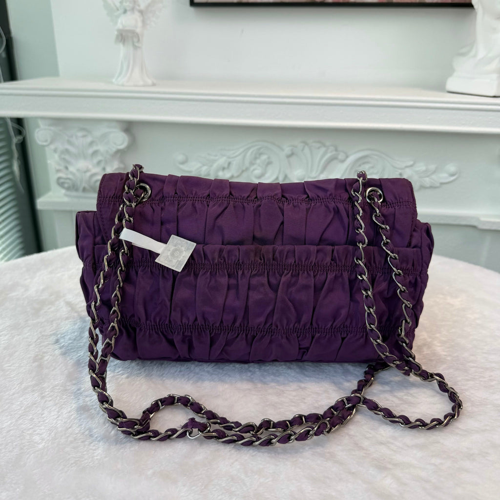 【#278】Pre-owned Prada Ruched Nylon Chain Shoulder Bag in Deep Purple with Silver-Tone Hardware