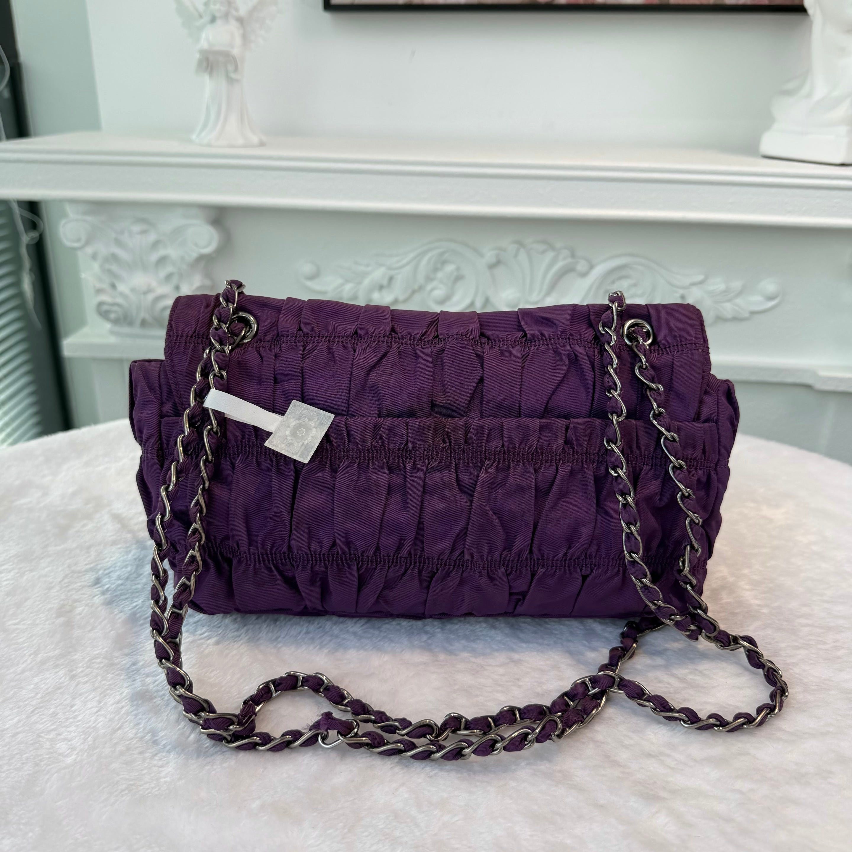 【#278】Pre-owned Prada Ruched Nylon Chain Shoulder Bag in Deep Purple with Silver-Tone Hardware