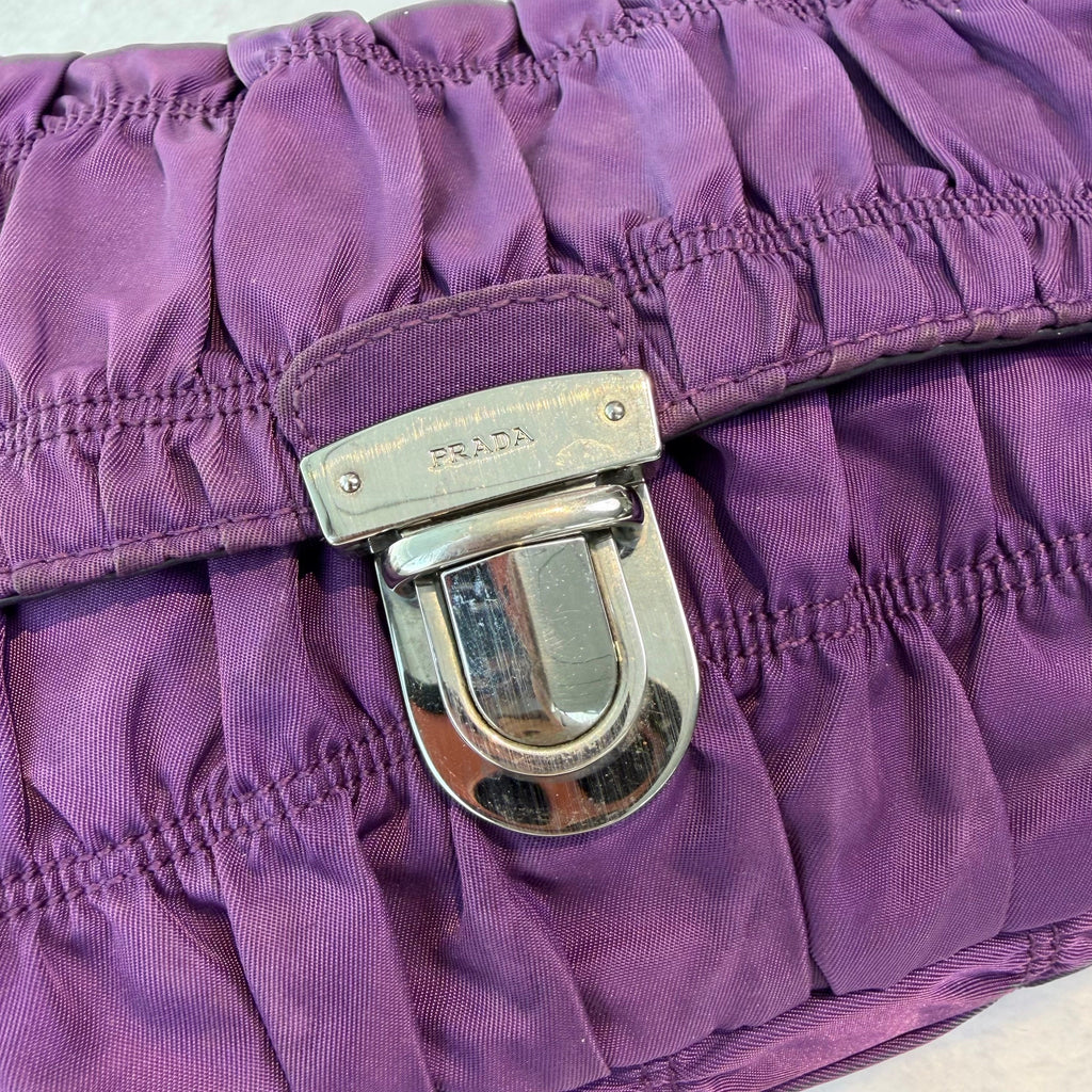 【#278】Pre-owned Prada Ruched Nylon Chain Shoulder Bag in Deep Purple with Silver-Tone Hardware