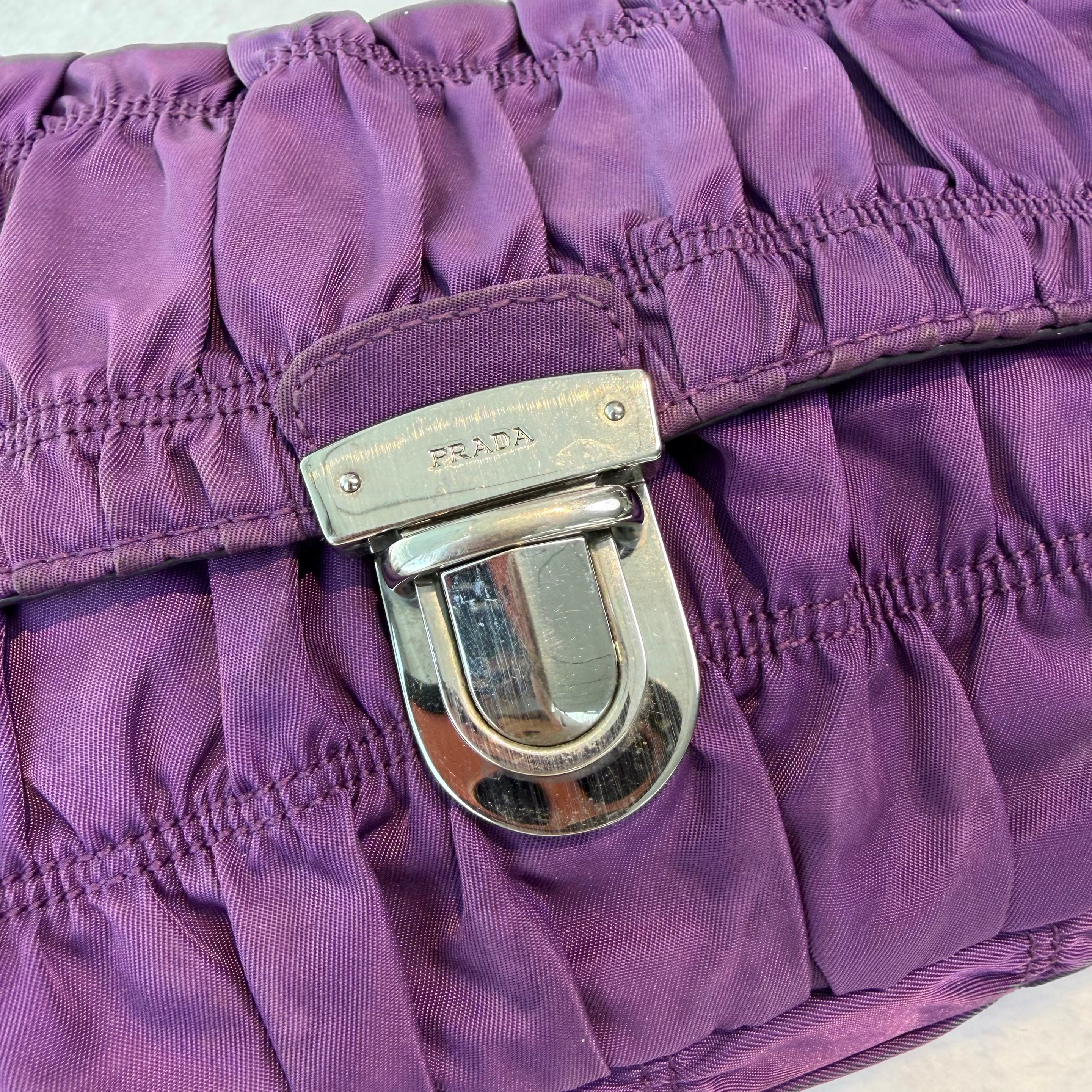 【#278】Pre-owned Prada Ruched Nylon Chain Shoulder Bag in Deep Purple with Silver-Tone Hardware